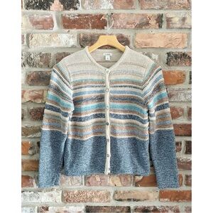 LL Bean Cotton Stripe Button Front Sweater Cardigan, S Petite